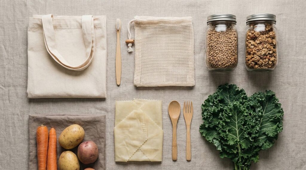 zero waste, sustainable living, eco friendly, grocery haul, reusable bag, organic food, healthy eating, fresh produce, kale, carrots, potatoes, lentils, granola, beeswax wrap, mesh bag, storage jars, plastic free, conscious consumerism, kitchen essentials, natural materials, food storage, vegan food, farm to table, ai generated